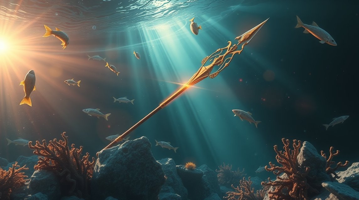 Szigony az óceán mélyén, körülötte halak és korallok.