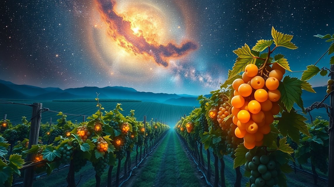 Szőlőültetvény éjjeli fényekkel és csillagokkal az égen.