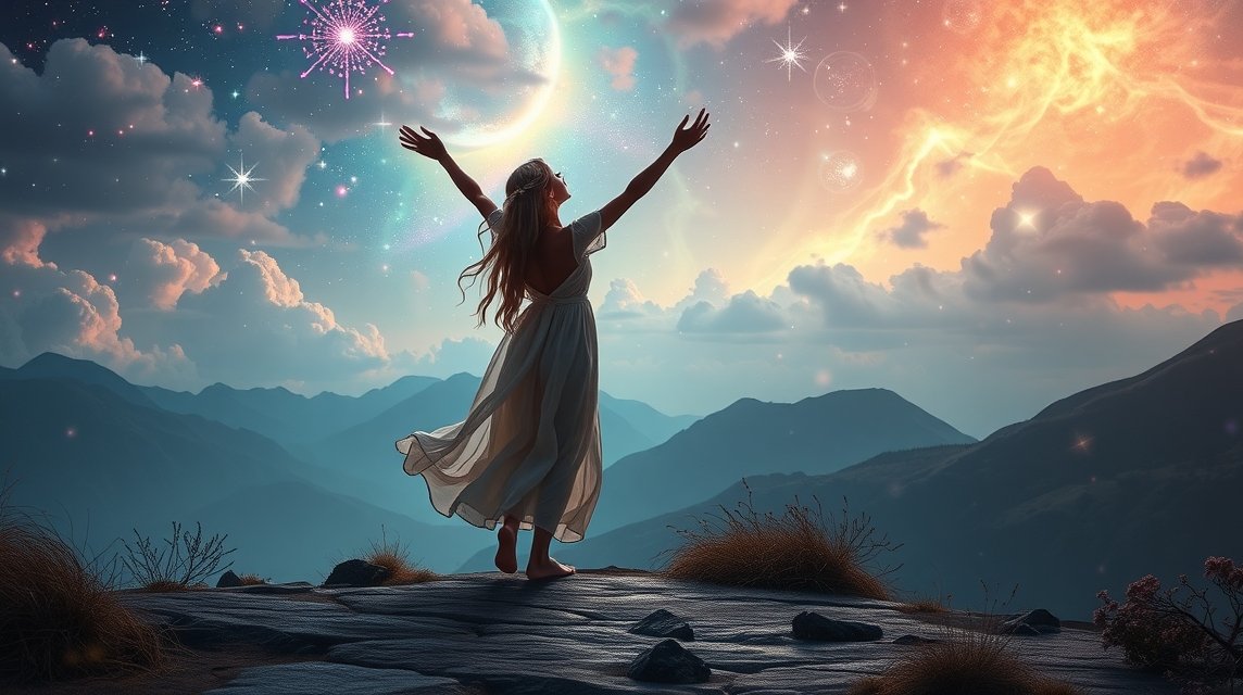 Mit jelent tánccal álmodni? – Részletes álomfejtés és értelmezés. Nő táncol a hegyekben a csillagok fényénél álomfejtés során.