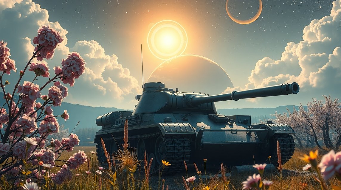 Egy tank a virágok között egy álomszerű tájban.