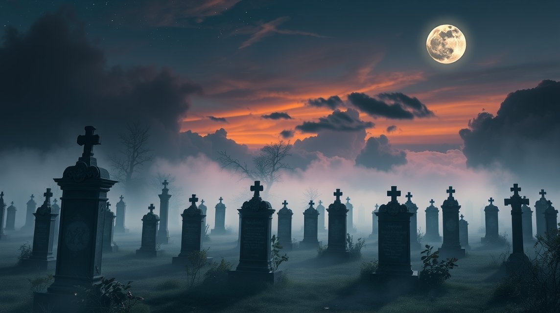 Éjszakai temető holdfénynél, ködben álló sírokkal.