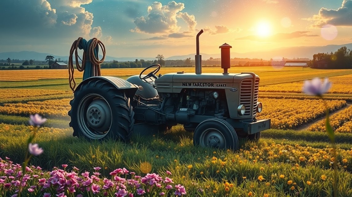 Traktor egy virágos mezőn naplementében, álomfejtés szimbólumai.