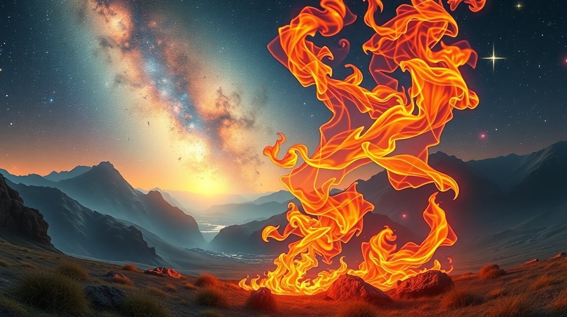 Lángoló tűz egy hegyi tájban csillagok alatt.