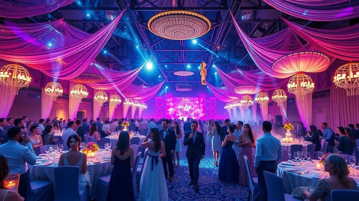 Mit jelent ünnepéllyel álmodni? – Részletes álomfejtés és értelmezés. Elegáns ünnepi esemény színes világítással és díszítéssel.