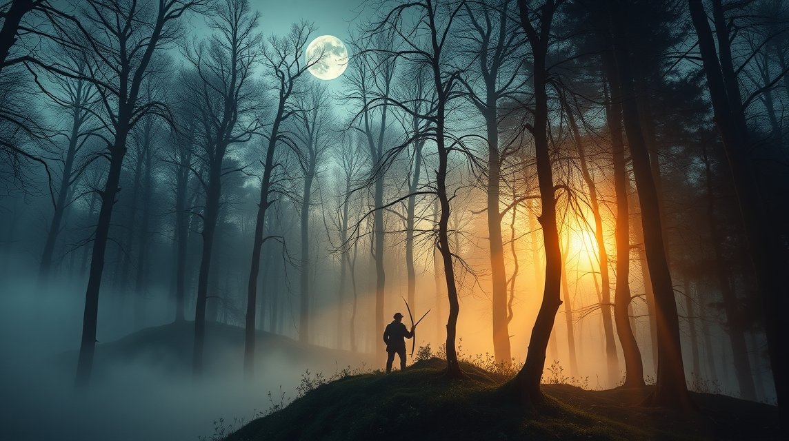 Vadász a ködös erdőben, telihold alatt álomfejtés szimbolikával.