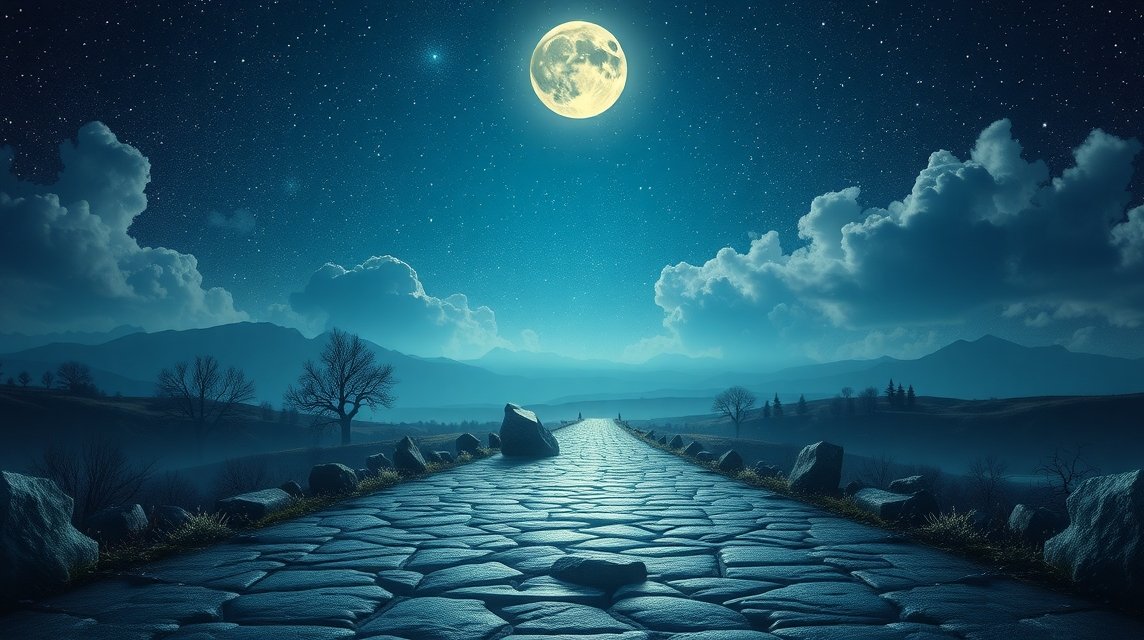 Éjszakai táj holdfénnyel, kanyargós úttal és csillagokkal.