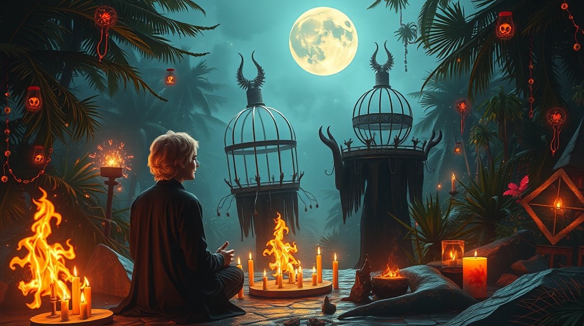 Vuduval álmodni: spirituális álomfejtés tűz és lámpás háttérrel.