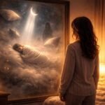 Alvó ember pizsama alatt, otthonos fényekben, belső tükröt tartva az érzeléseket feltárva.