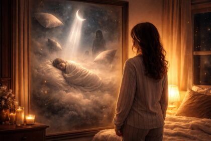 Alvó ember pizsama alatt, otthonos fényekben, belső tükröt tartva az érzeléseket feltárva.