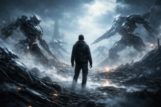 Álomban robotos csata jelenete, hideg fém, emberi érzelmek és belső konfliktusok.