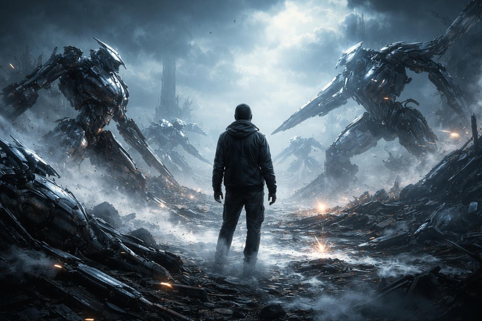 Álomban robotos csata jelenete, hideg fém, emberi érzelmek és belső konfliktusok.