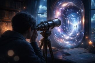 Álmodó személy teleszkóppal a jövő felé tekint, mély vágyakkal és gondolatokkal.